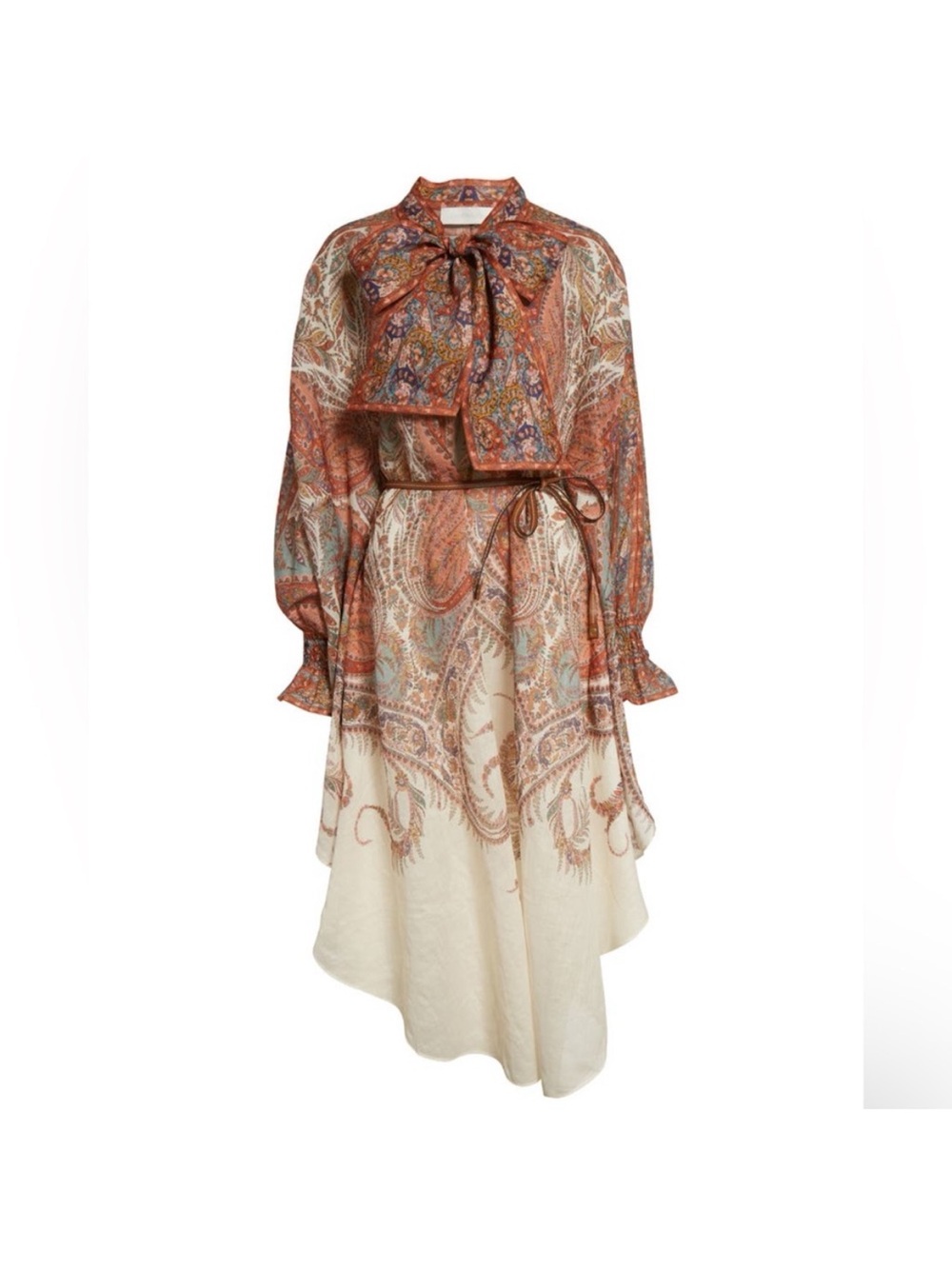 Paisley Bow-Tie Midi Dress in Rust and Cream